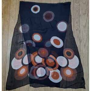 Vintage 100% Silk Scarf SHEER BLACK CIRCLES Sparkle Art Rectangle 20x65”
